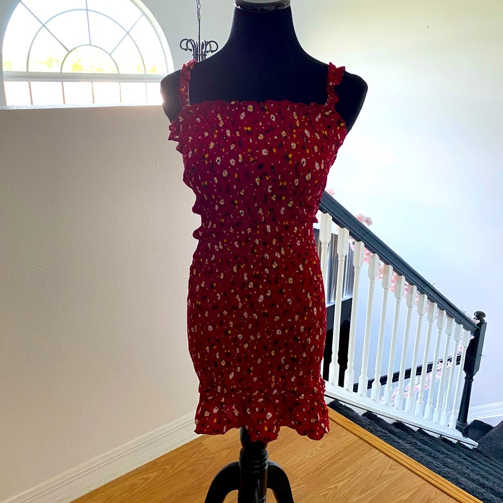 Red mini stretchy sundress with flowers.